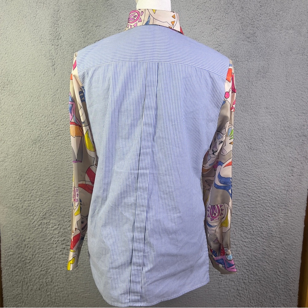 Vilagallo Top Womens 40 Multicolor Animals Stripe Button Up Summer Preppy Casual - Picture 3 of 7
